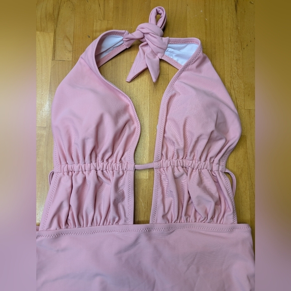 Trikini Ruched Halter One Piece Lilac Pink Swimsuit Tie Back Beachsissi Size S - Picture 4 of 8